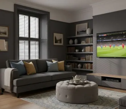 Living room with black blinds and slate grey finish